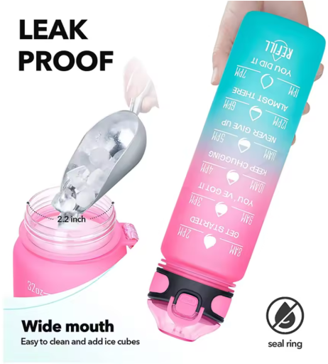 1L Motivational Sports Water Bottle with Straw & Time Markings – BPA Free | WAVE ENERGY