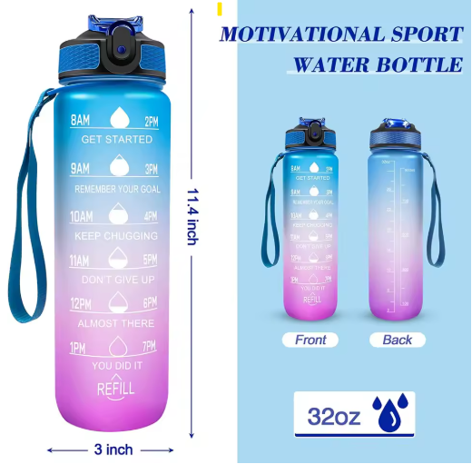 1L Motivational Sports Water Bottle with Straw & Time Markings – BPA Free | WAVE ENERGY